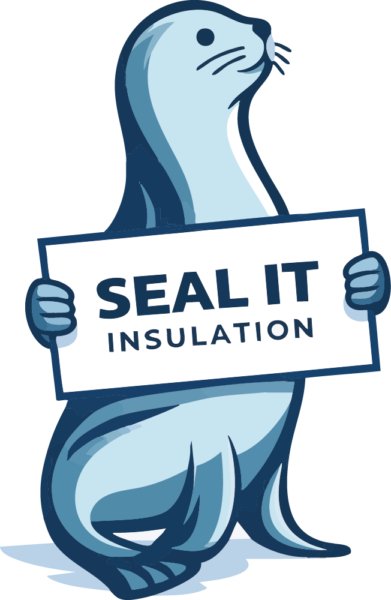 Seal It Insulation Seal Mascot holding a sign with the text Seal It Insulation